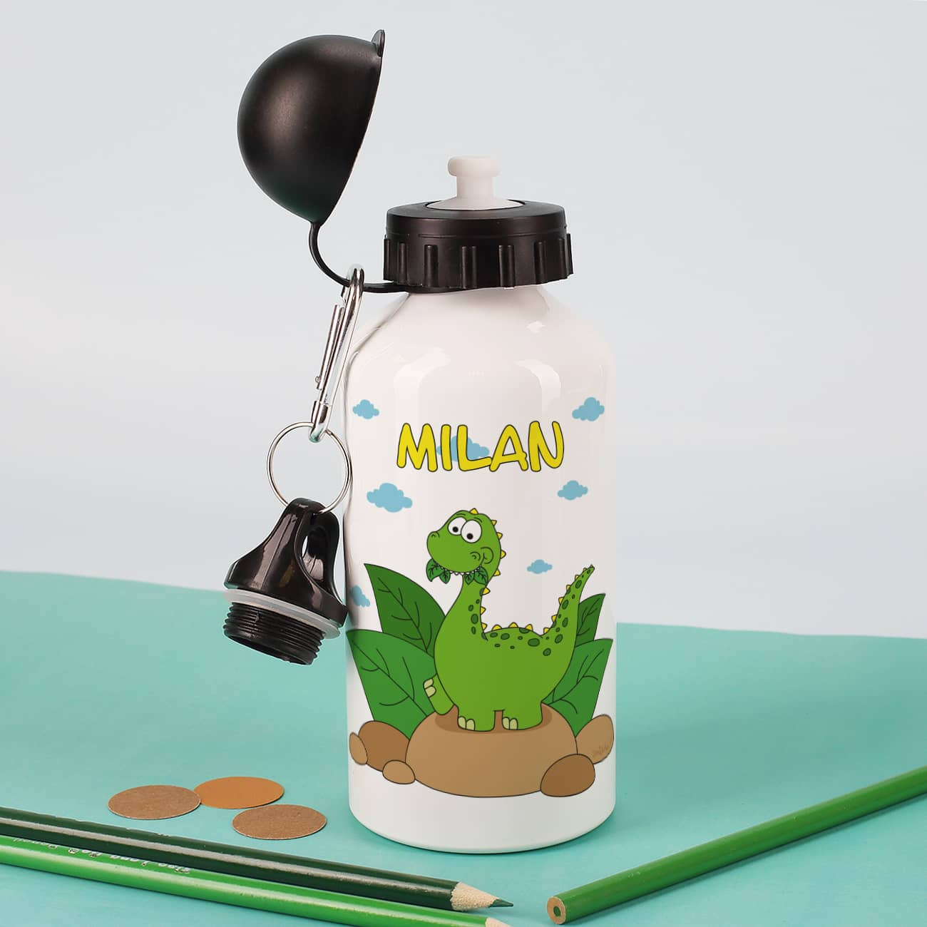 Trinkflasche mit niedlichem Dino und Name