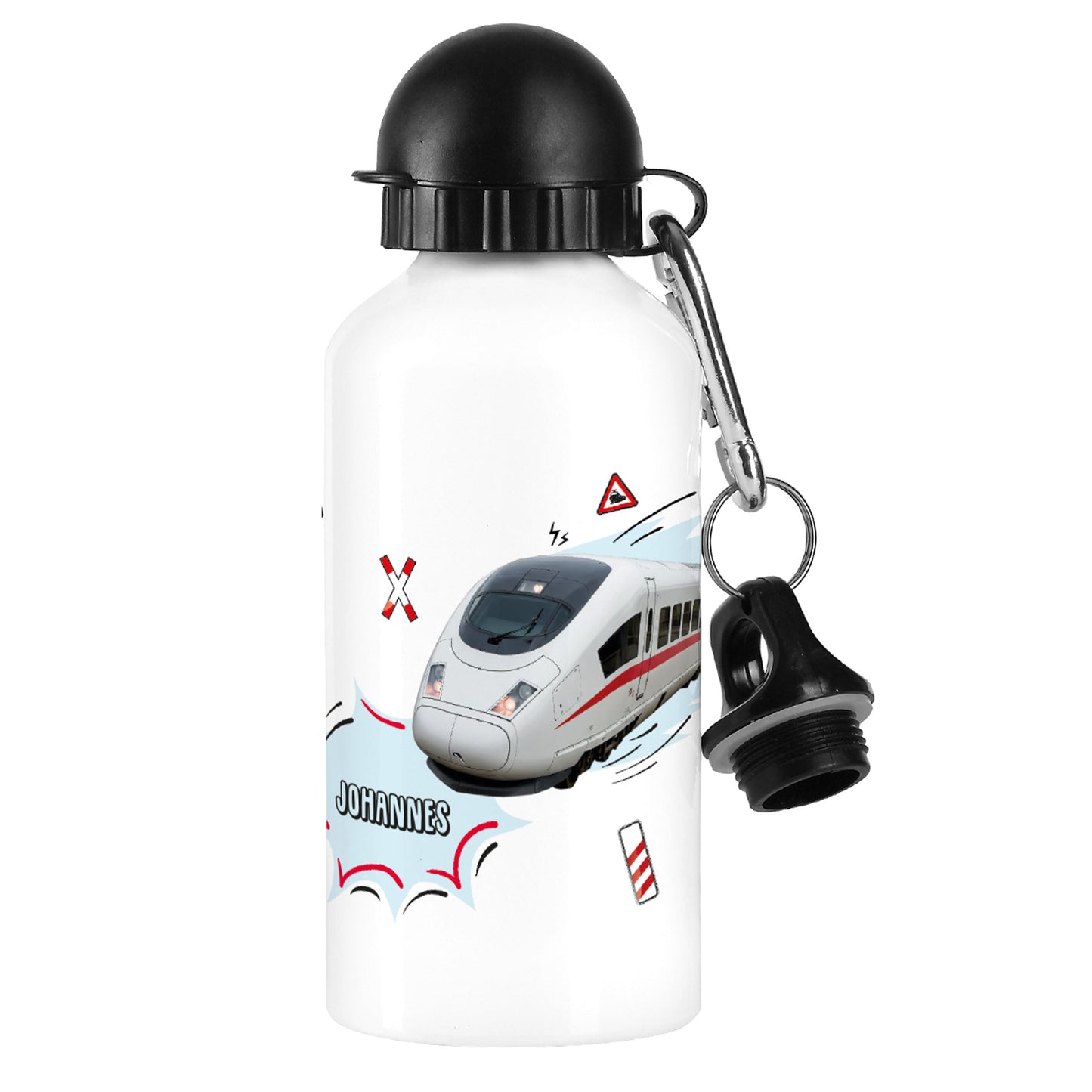 Produktansicht der Zug-Trinkflasche mit Namensaufdruck