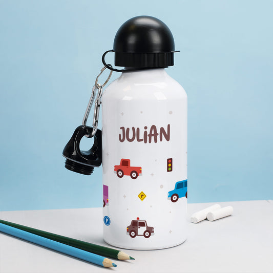 Personalisierte Trinkflasche mit Autos und Verkehrsschildern – Name Julian – mit schwarzem Drehverschluss