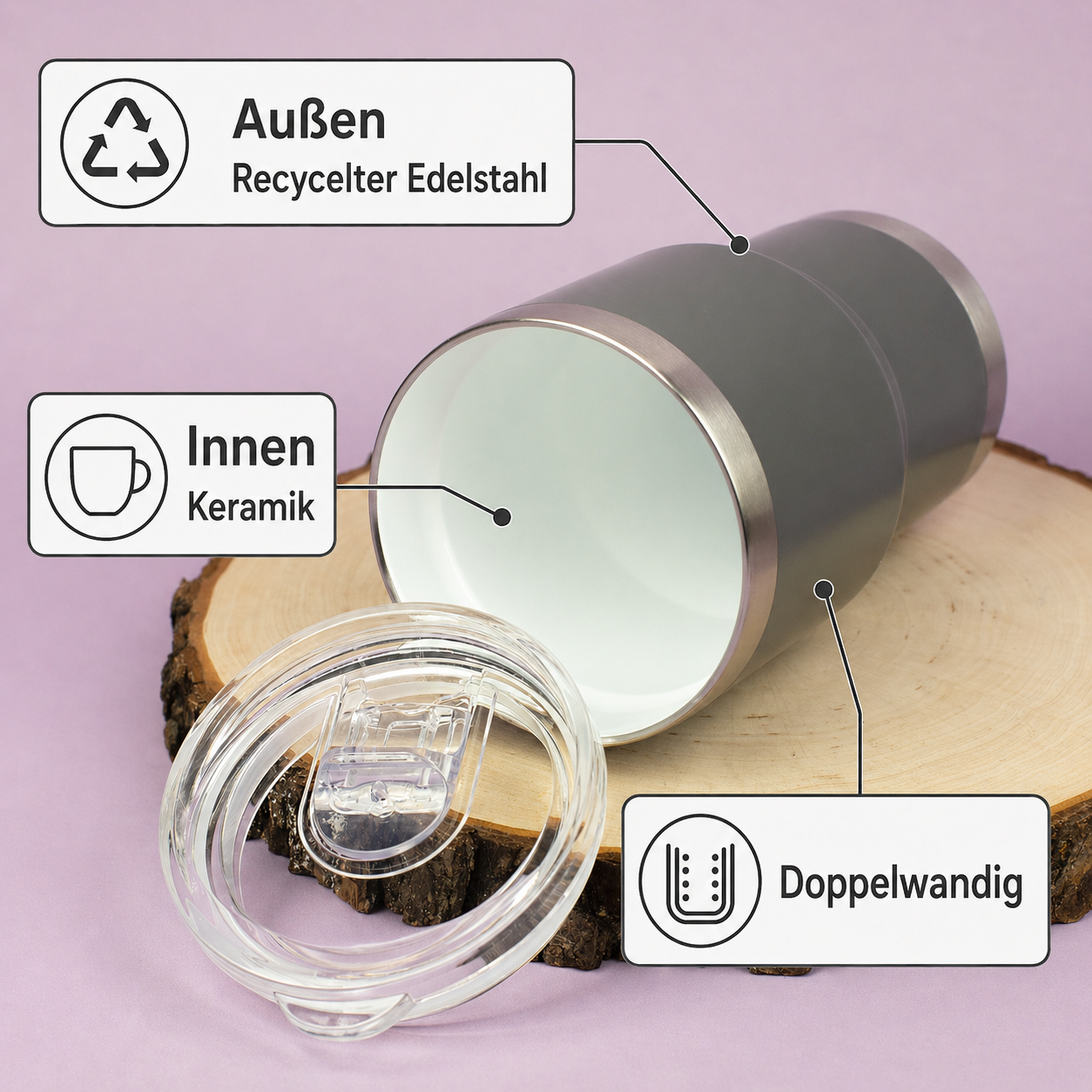 Grauer Thermobecher liegend mit Infografik zu recyceltem Edelstahl außen, Keramik innen und doppelwandiger Verarbeitung