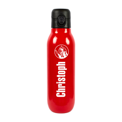 Freigestellte rote Feuerwehr-Trinkflasche aus Edelstahl mit personalisiertem Namen „Christopher“, weißem Feuerwehrmotiv und schwarzem Klickverschluss