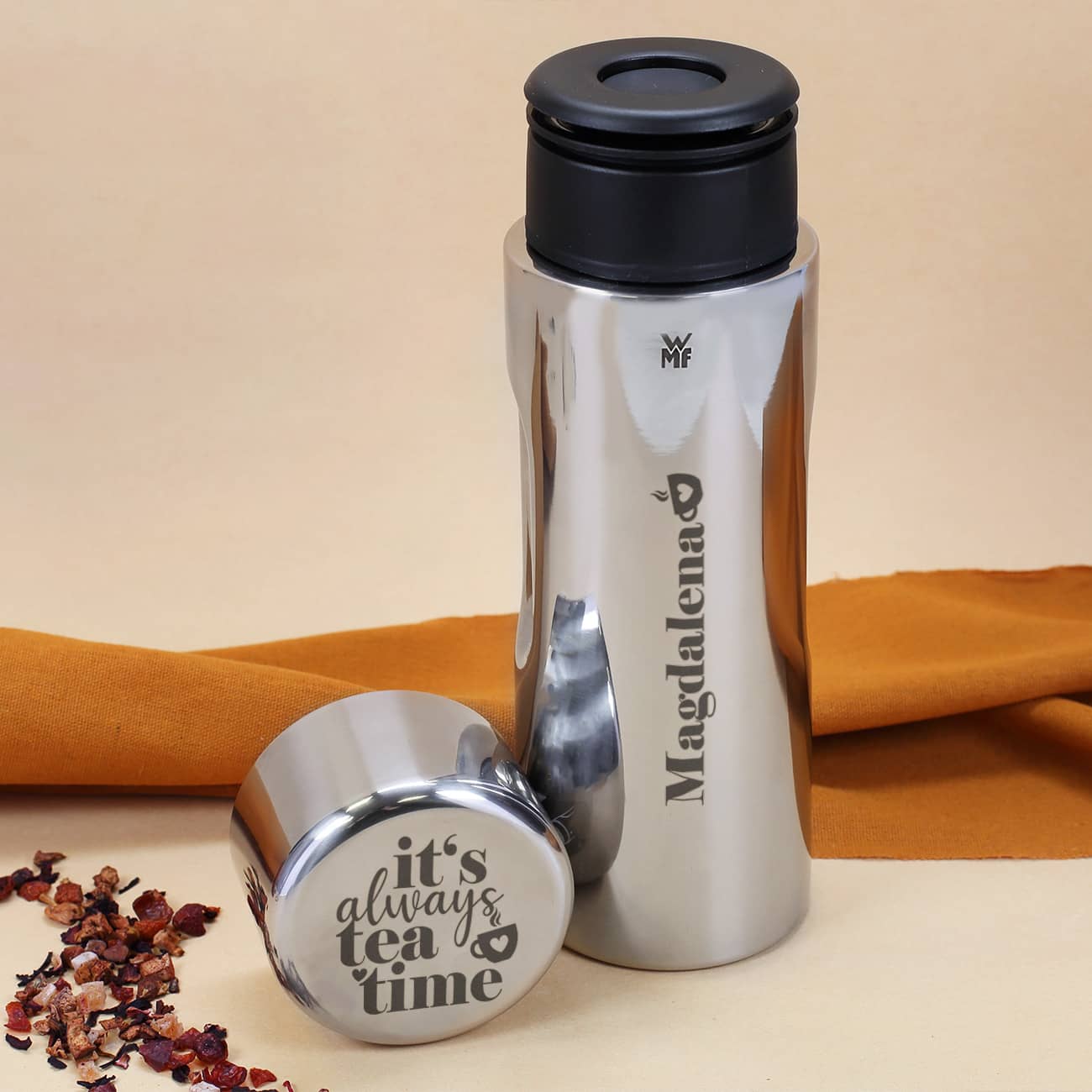 WMF Edelstahl Thermoskanne mit Namensgravur und It's always time for tea-Motiv