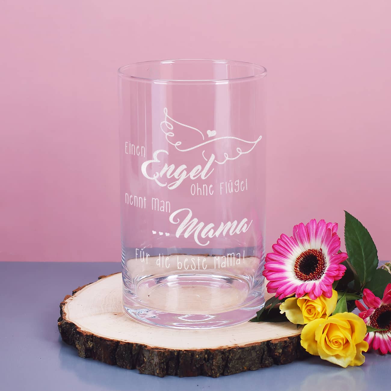Glasvase mit Muttertagsmotiv und Wunschtext