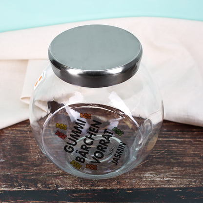 Transparentes Vorratsglas „Gummibärchen Vorrat von Jasmin“ mit buntem Aufdruck und Metalldeckel
