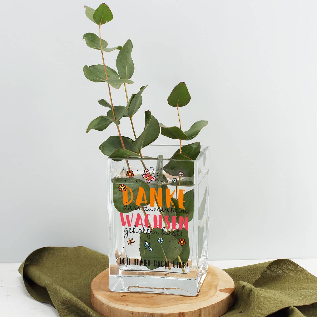 Personalisierte Glasvase mit Druck als Dankeschön