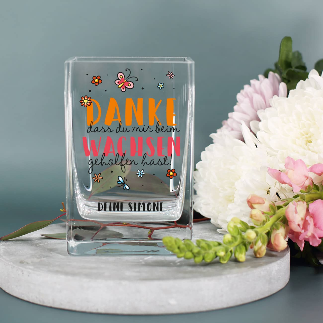 bedruckte Glasvase mit - Danke dass du mir beim Wachsen geholfen hast - Aufschrift 