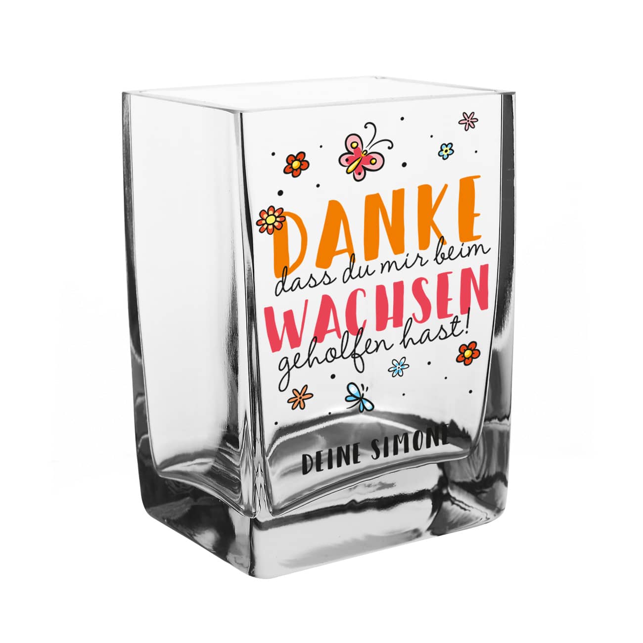 Glasvase bedruckt mit niedlichen Aufdruck und Ihrem Wunschtext