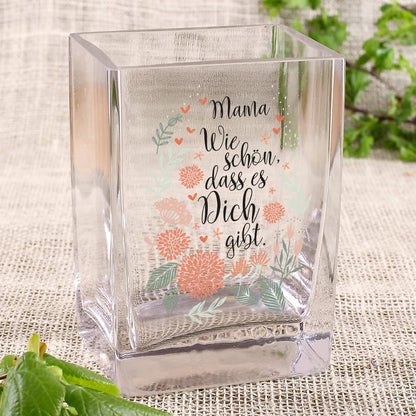 Kleine eckige Vase bedruckt mit buntem Blumen Motiv und Spruch