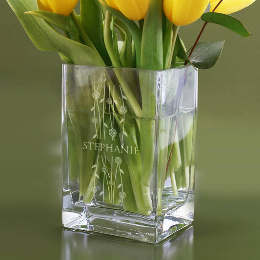 Gravierte Blumenvase mit Ranken und Ihrem Namen