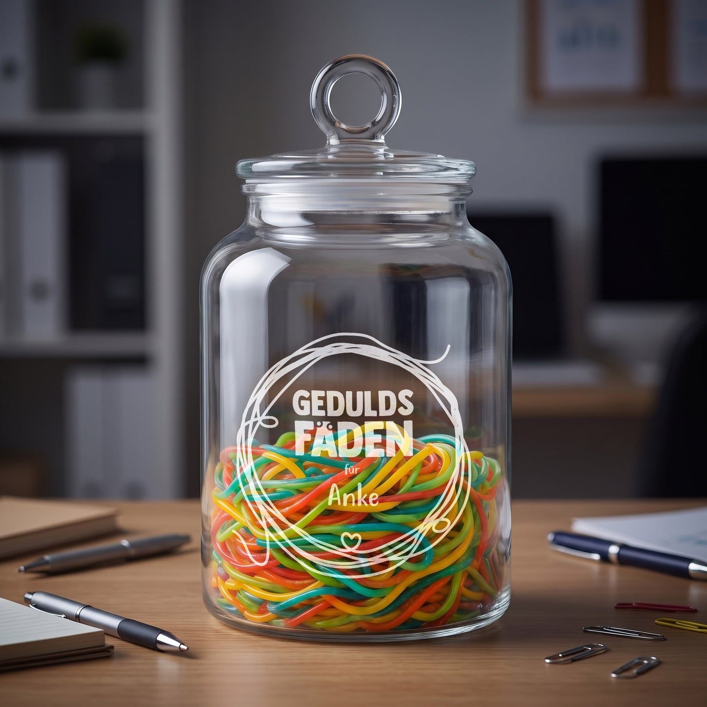 Vorratsglas mit Geduldsfaden Gravur für Anke als Geschenk für Kollegen, Lehrer oder Erzieher