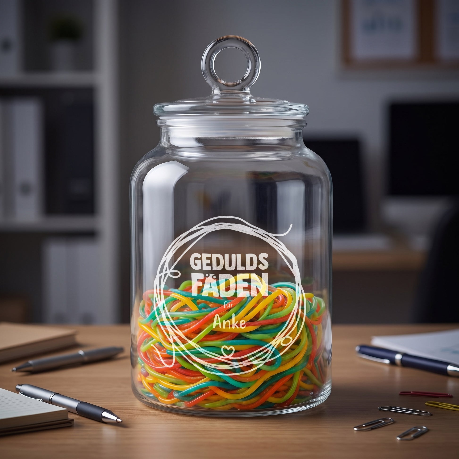 Vorratsglas mit Geduldsfaden Gravur für Anke als Geschenk für Kollegen, Lehrer oder Erzieher