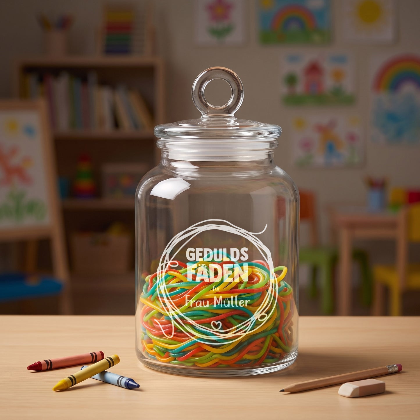 Geduldsfaden Vorratsglas mit Name Frau Müller als humorvolles Geschenk für Erzieherinnen und Lehrerinnen