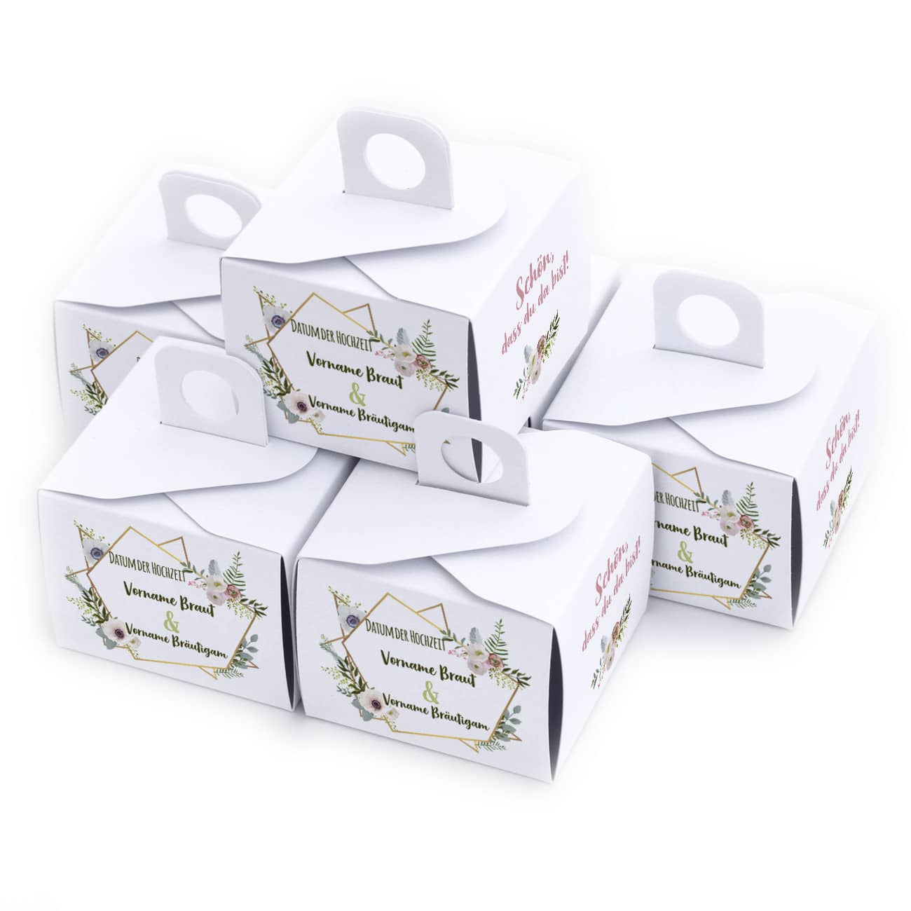 Verpackung für Gastgeschenke Hochzeit mit Namen, Datum und Blüten bedruckt