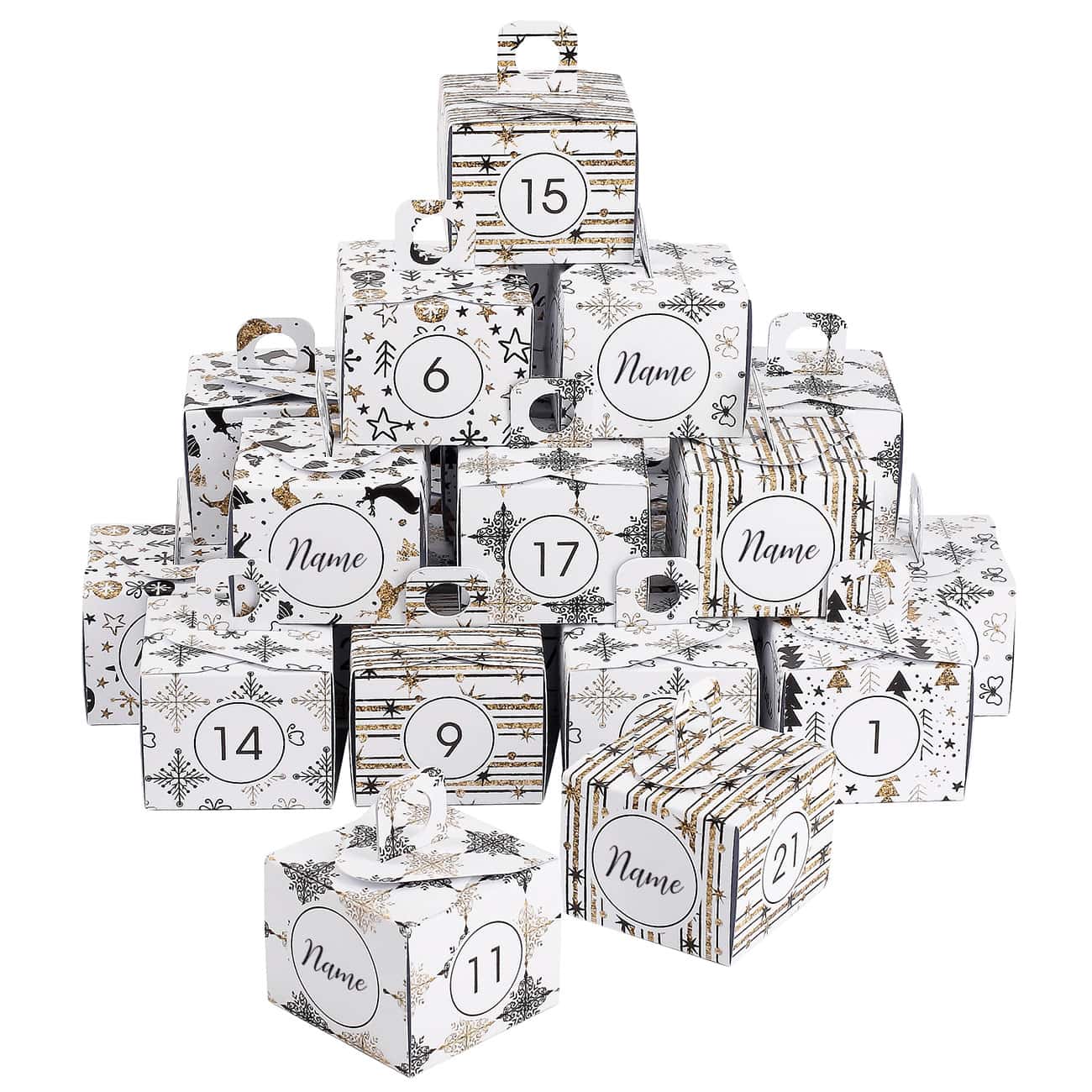 DIY-Adventskalender mit goldenen Mustern und Wunschname personalisiert