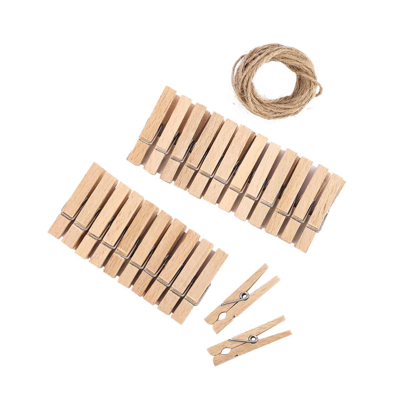 24 Wäscheklammern aus Holz und zwei Meter Schnur als Zubehör