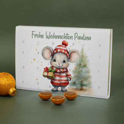 Toffifee Adventskalender mit Wunschtext und Wintermaus Motiv in weihnachtlicher Dekoration