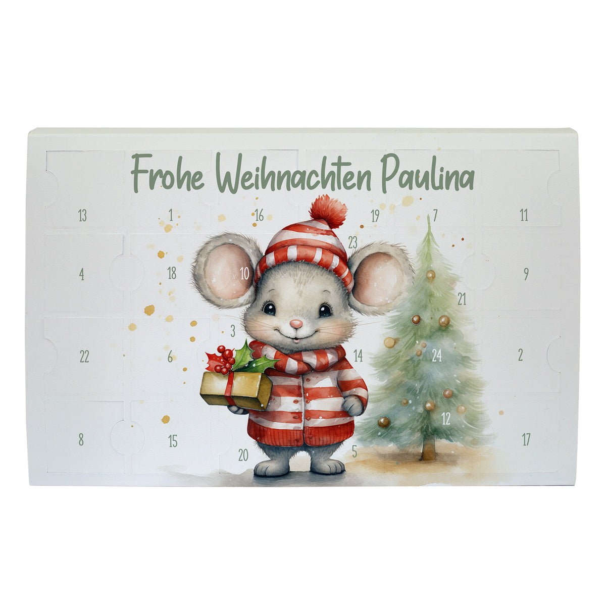 Vorderansicht vom Toffifee Adventskalender mit Wunschtext und niedlichem Maus Motiv