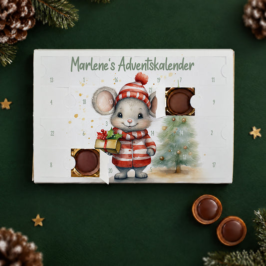 Personalisierter Toffifee Adventskalender mit Maus Motiv und Wunschtext auf Holzscheibe dekoriert