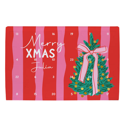 Toffifee Adventskalender mit Name auf weißem Hintergrund und Merry Xmas Weihnachtsbaum Motiv