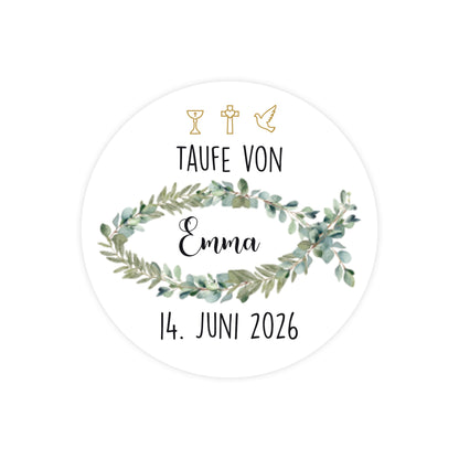 Produktbild Einzelsticker:
Einzelner runder Aufkleber zur Taufe von Emma mit Eukalyptus-Fisch und christlichen Symbolen