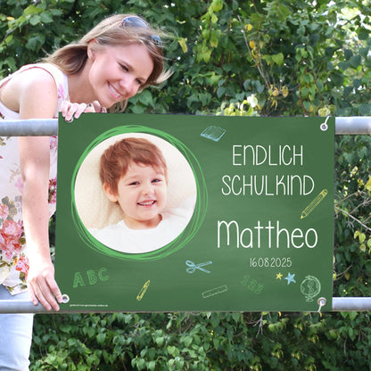 bedrucktes Foto-Banner zur Einschulung in grün