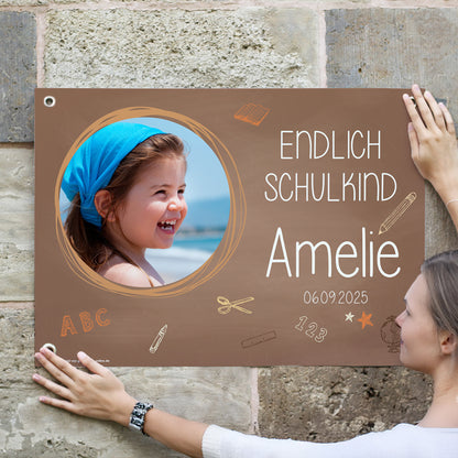 braunes bedrucktes Foto-Banner zur Einschulung