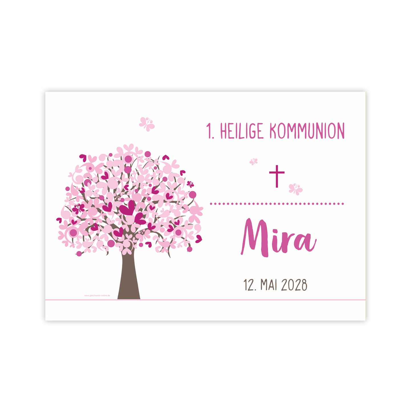 Freigestelltes Banner mit Lebensbaum in Rosa. Text: „1. Heilige Kommunion – Mira – 12. Mai 2028“. Baum aus rosa Blüten und Herzen, ergänzt durch Kreuzsymbol und Punktelement.