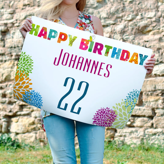 buntes Banner zum Geburtstag mit Name, Alter und Blumen