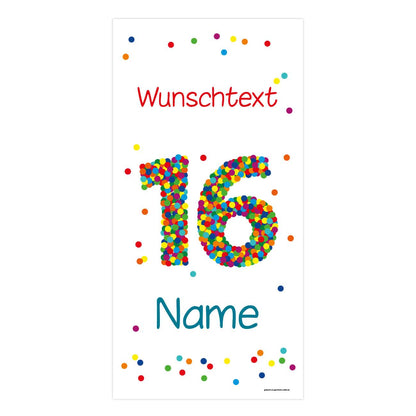 Banner XL zum 16. Geburtstag mit Konfettizahl, Wunschname und Wunschtext