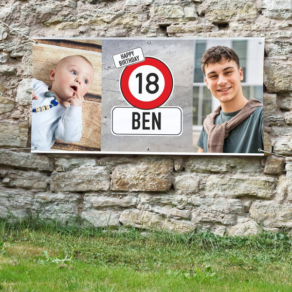 XXL Geburtstagsbanner mit Verkehrszeichenmotiv und 2 Wunschfotos