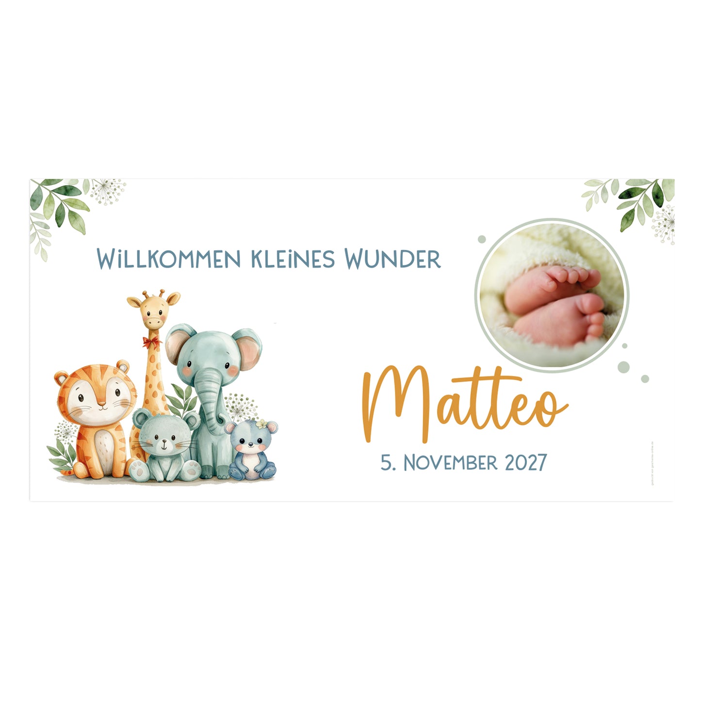 Freigestelltes Banner zur Geburt mit Tiermotiv, Babyfoto und Name Matteo