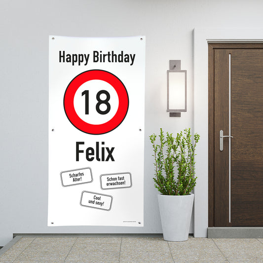 Banner zum 18. Geburtstag mit Verkehrszeichen