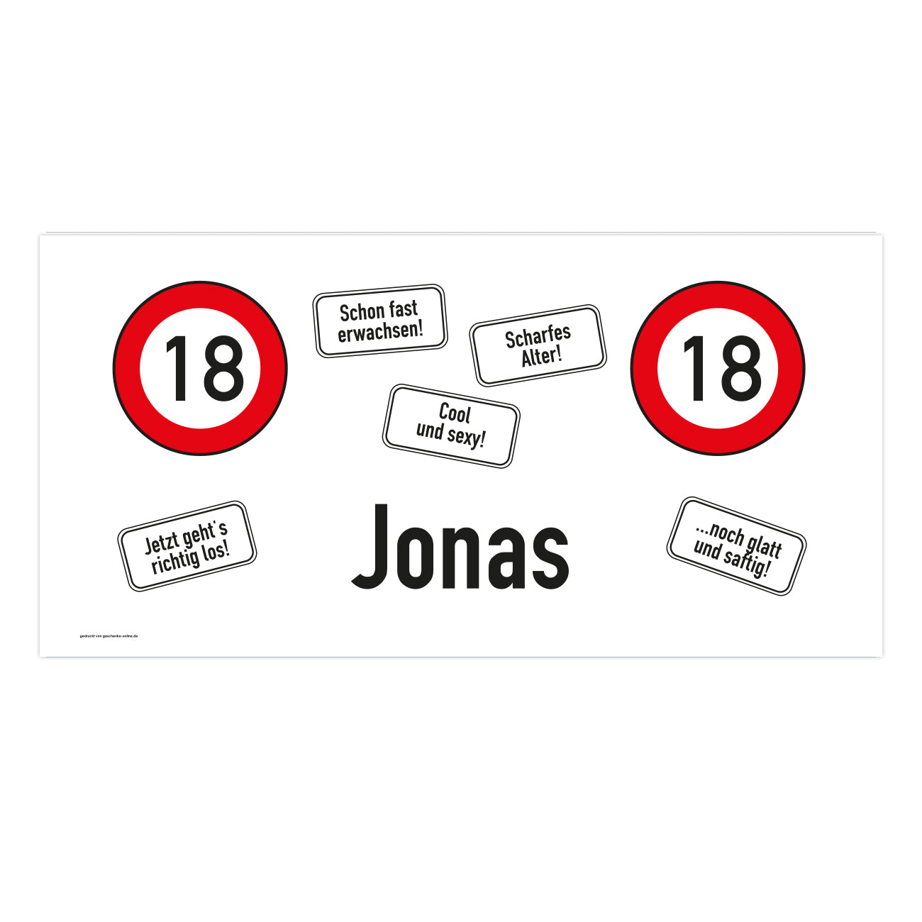 Deko-Banner zum 18. Geburtstag mit Verkehrszeichen und Name