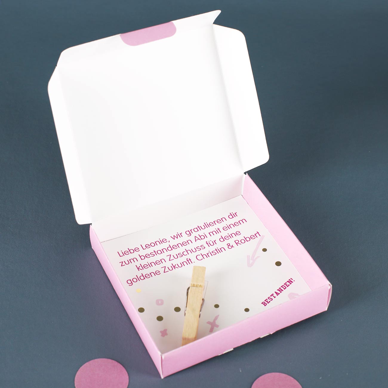 Verpackung für Geldgeschenk mit Goldprägung zum bestandenen Abitur