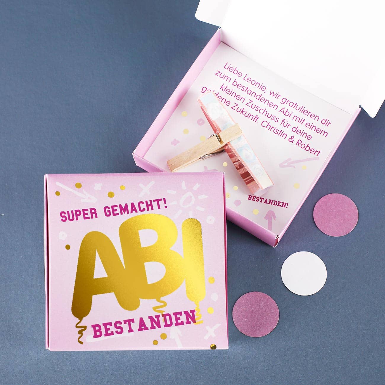 ABI bestanden! Geldgeschenk mit Goldprägung und Wunschtext