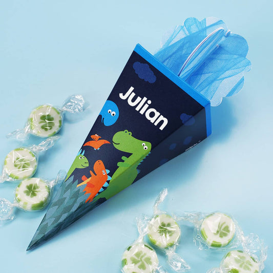 Kleine Dino Schultüte mit Name bedruckt und mit 10 Bonbons befüllt