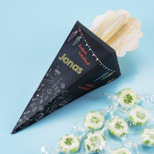 Mini Zuckertüte zur Einschulung mit 10 Bonbons gefüllt und mit Ihrem Wunschnamen bedruckt
