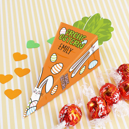 Geschenkverpackung Möhre mit 5 Lindorkugeln befüllt und mit Name personalisiert