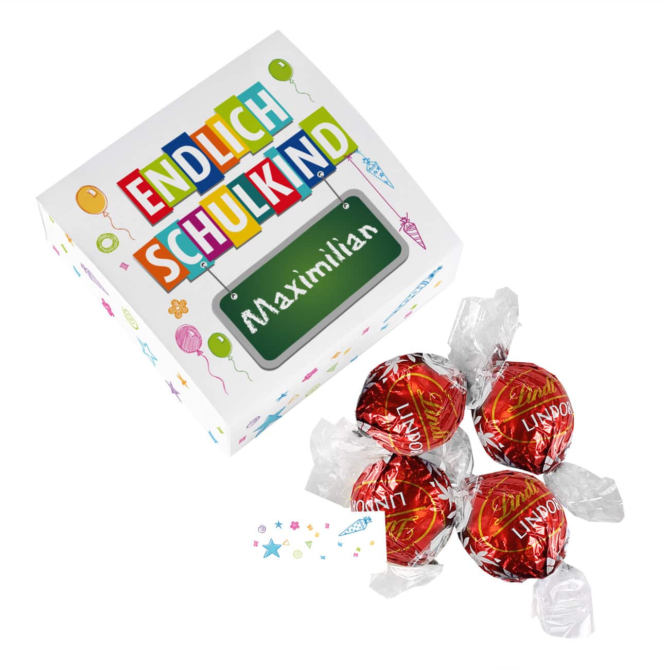 Pralinenschachtel zur Einschulung mit 4 Lindorkugeln las Inhalt und Wunschname bedruckt