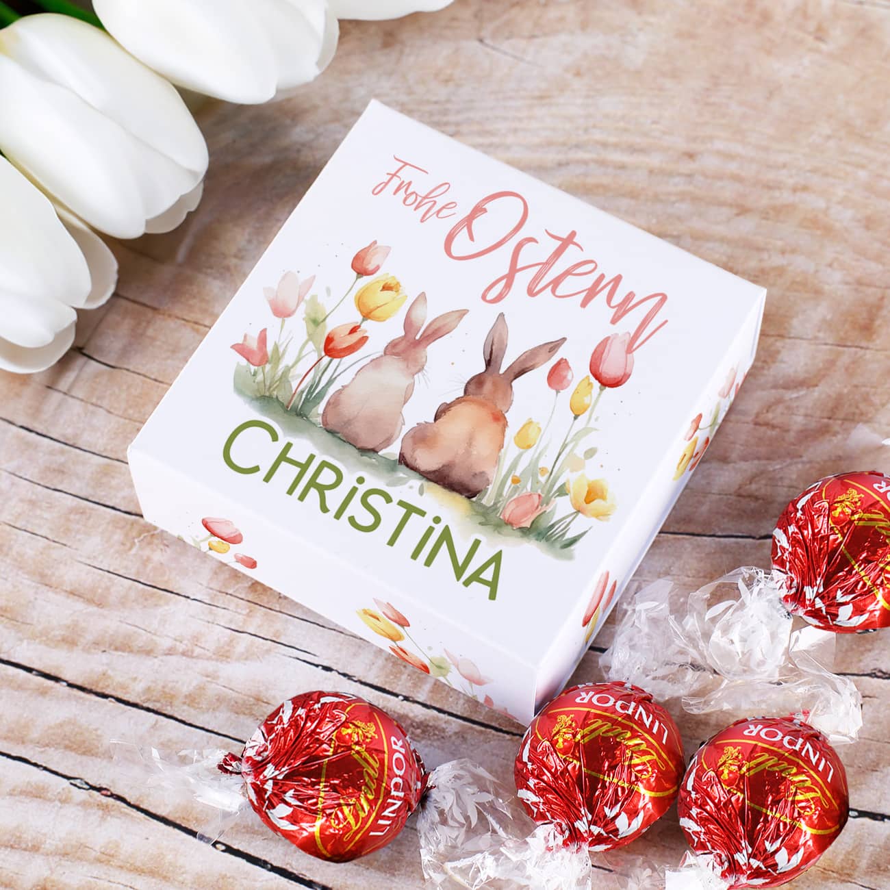 Süßigkeit zu Ostern - Faltschachtel mit 4 Lindorkugeln und Name
