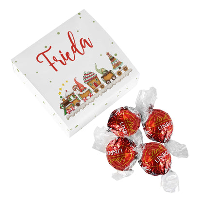 4 Lindor Kugeln für Kinder zu Weihnachten mit Wichtel Weihnachtszug Motiv und Name