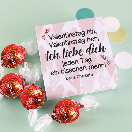 Ich liebe dich jeden Tag ein bisschen mehr!- 4 Lindorkugeln in persönlich bedruckter Verpackung