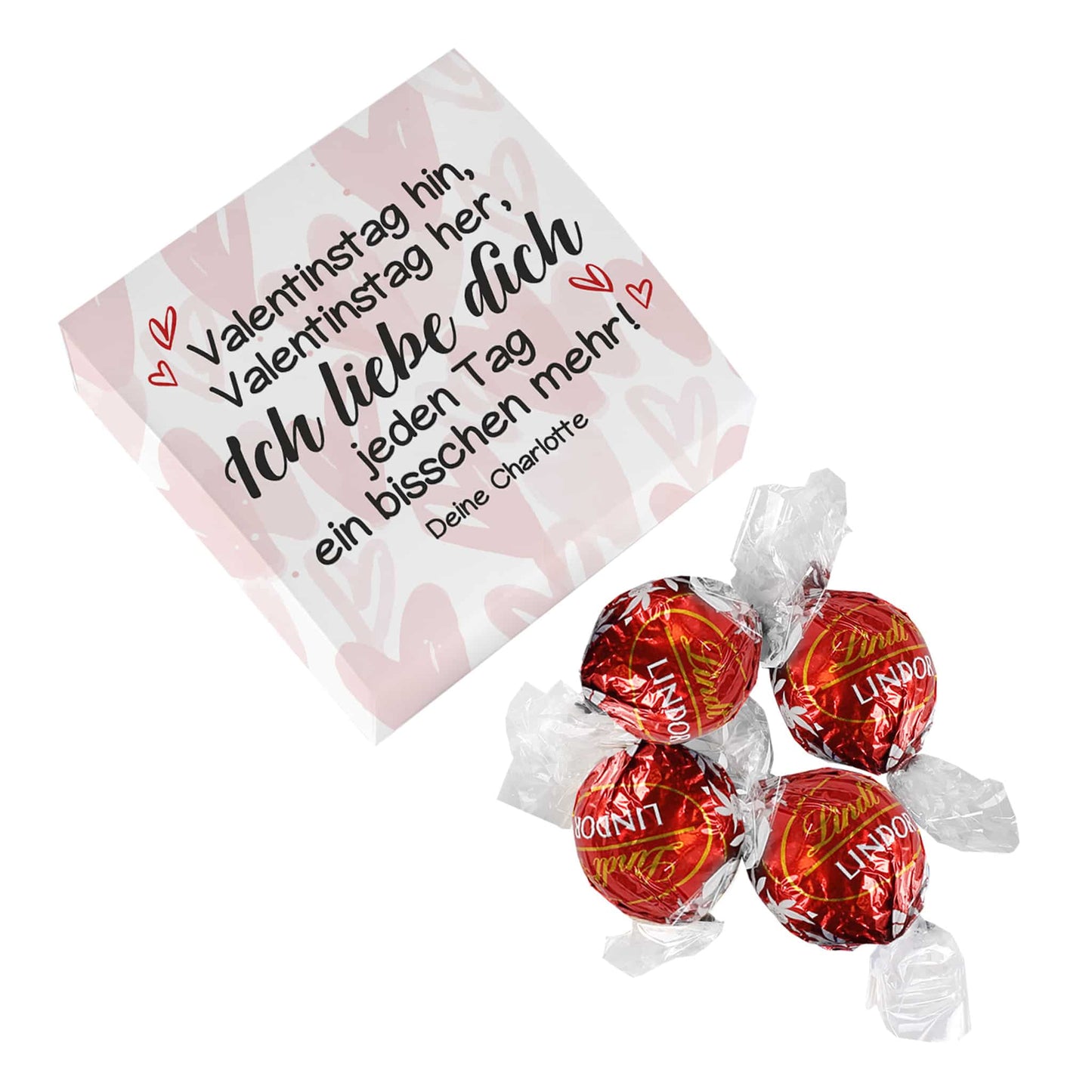 Ich liebe dich jeden Tag ein bisschen mehr!- 4 Lindorkugeln in persönlich bedruckter Verpackung