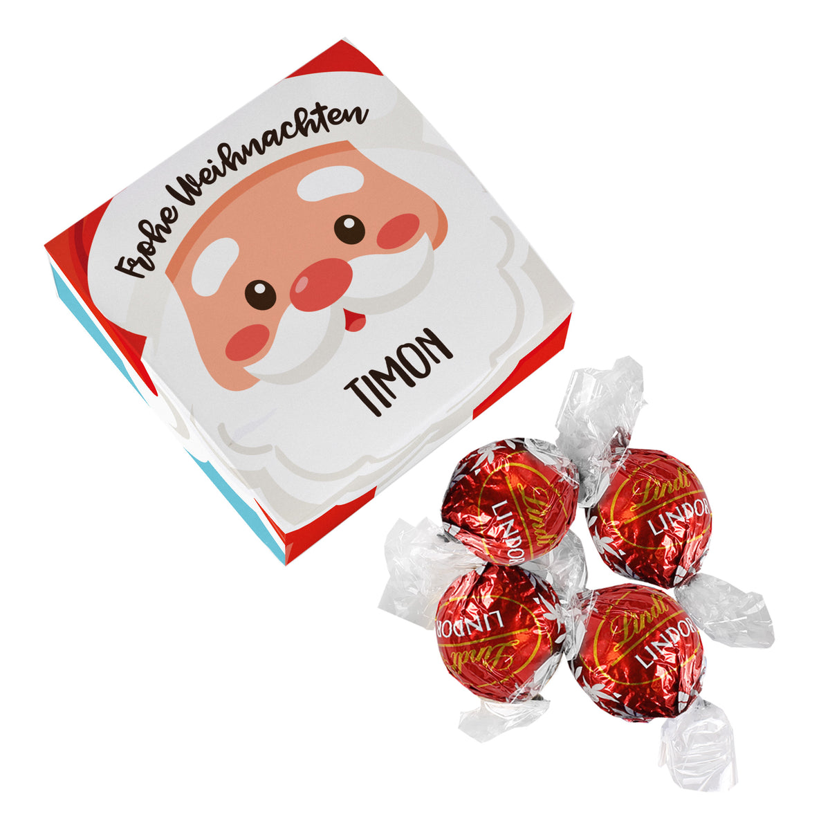 Personalisierte Weihnachts Geschenkbox mit Name Timon und vier Lindor Kugeln von Lindt