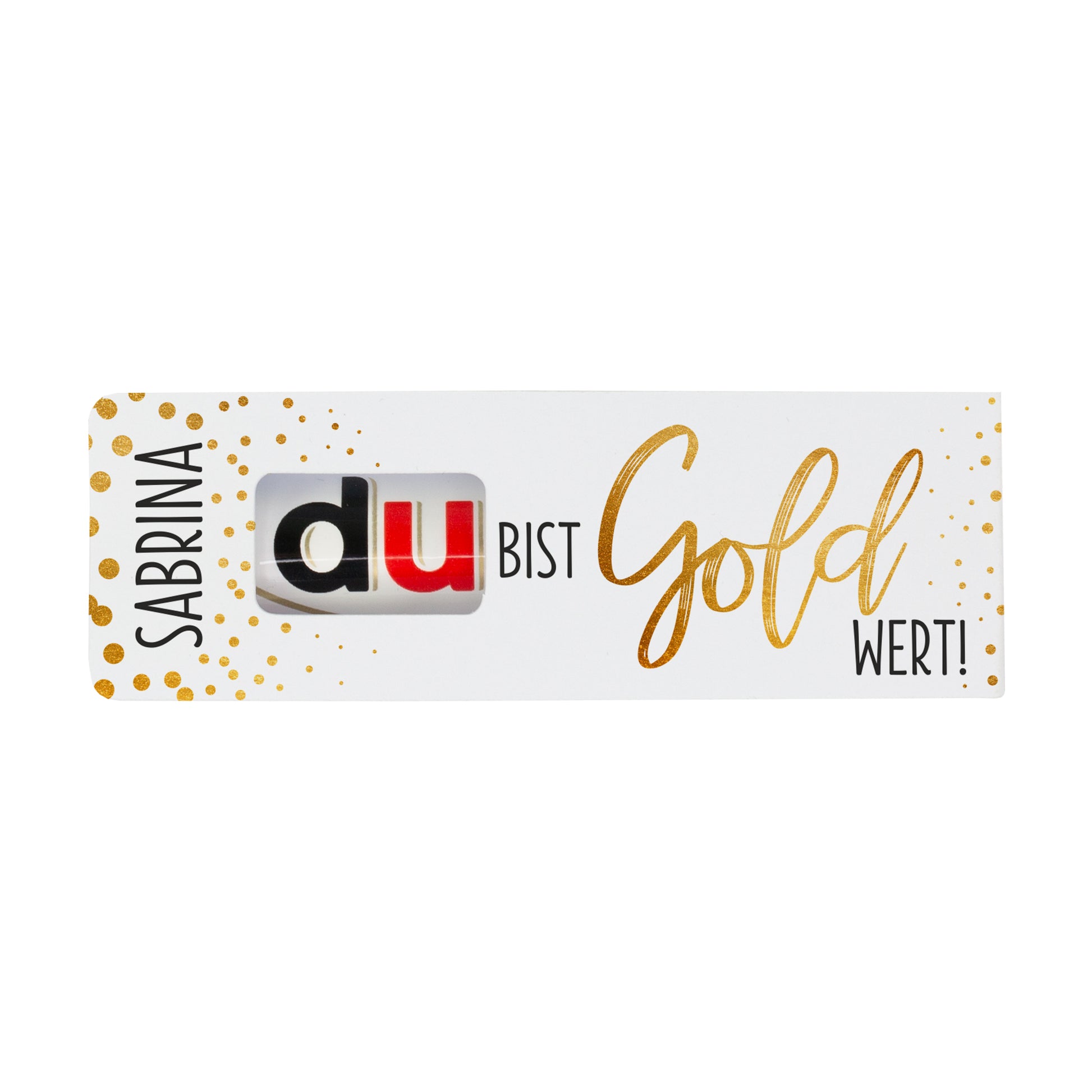 duplo Geschenkverpackung mit Name und Schriftzug Du bist Gold wert in Goldoptik