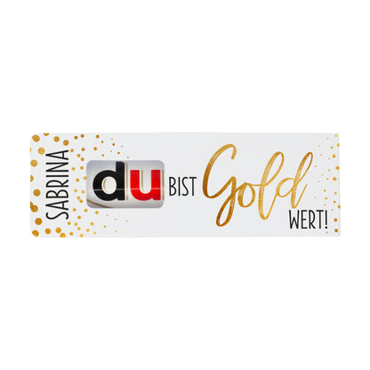 duplo Geschenkverpackung mit Name und Schriftzug Du bist Gold wert in Goldoptik