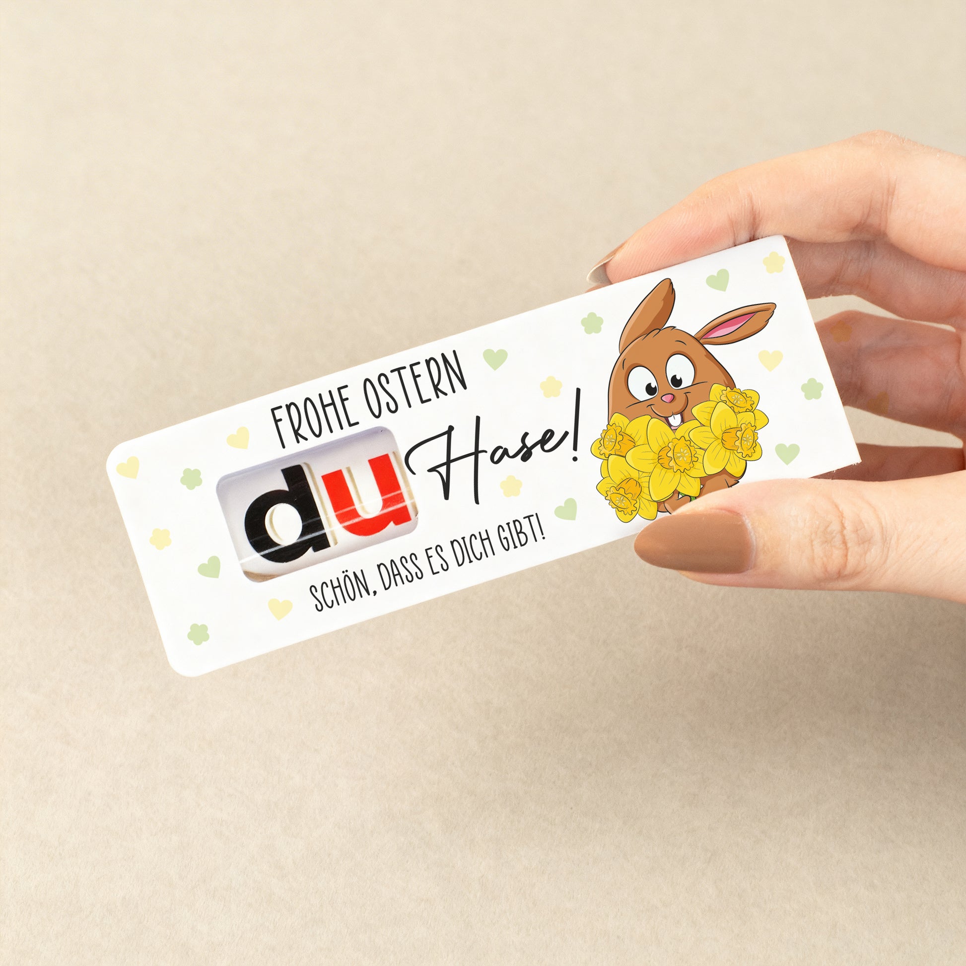 Oster Schokoriegel mit Hase und Blumen Motiv Frohe Ostern du Hase personalisierbar mit Wunschtext