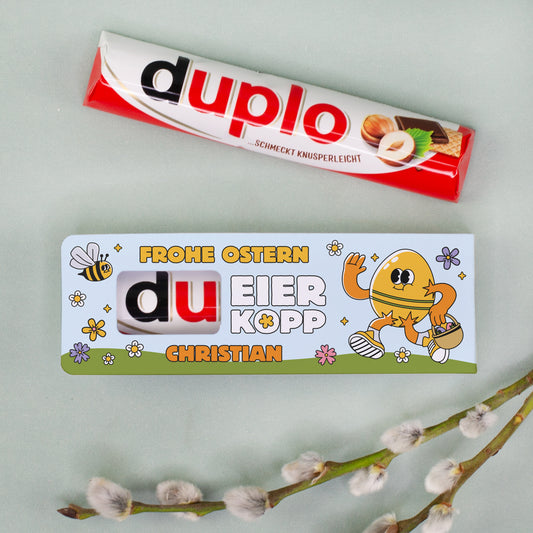 Personalisierter duplo Riegel zu Ostern mit Spruch Frohe Ostern du Eierkopp und lustigem Osterei Motiv