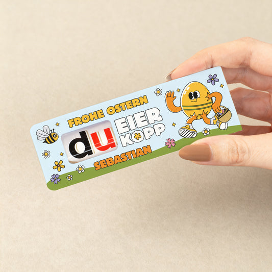 Oster Schokoriegel mit duplo Riegel und personalisiertem Namen im Comic Osterdesign mit Blumen und Biene