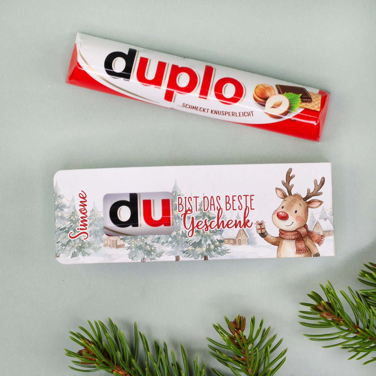 Personalisierter duplo Riegel mit Rentier, Tannen und Name als Geschenk zu Weihnachten